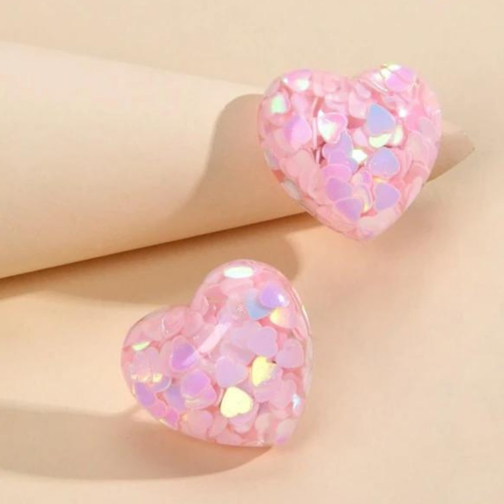 Pastel Pink Stud Earrings Iridescent Heart Posts Pink Heart Shaped Glitter Studs - Picture 2 of 5